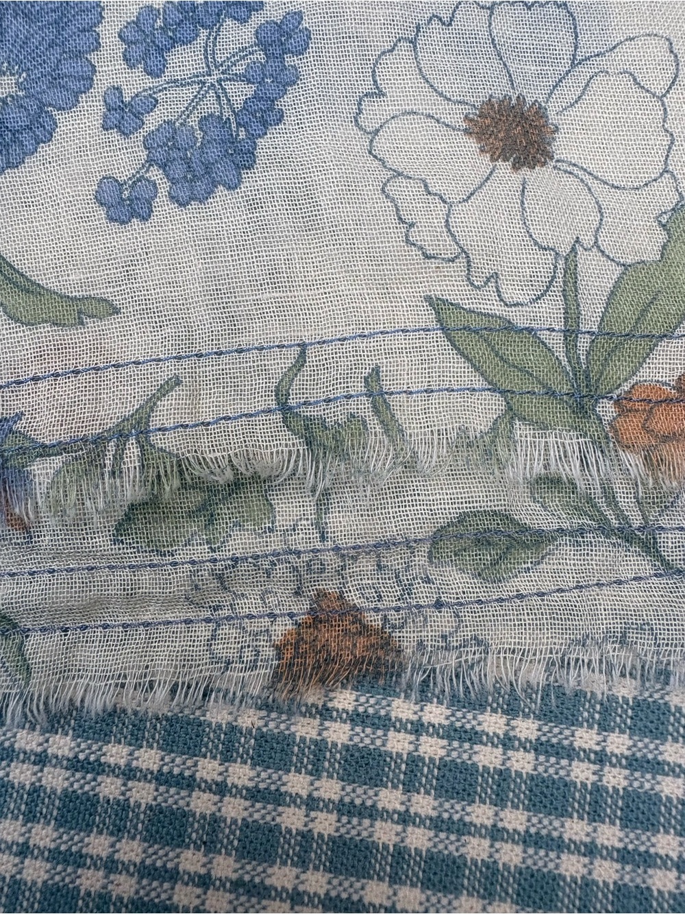 Vintage-Inspired Floral Crop Top in Blue & Tan Linen Blend Sheer XL - Picture 9 of 11